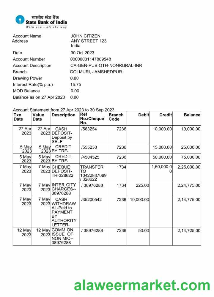 India State Bank of Inida bank statement Word and PDF template scr